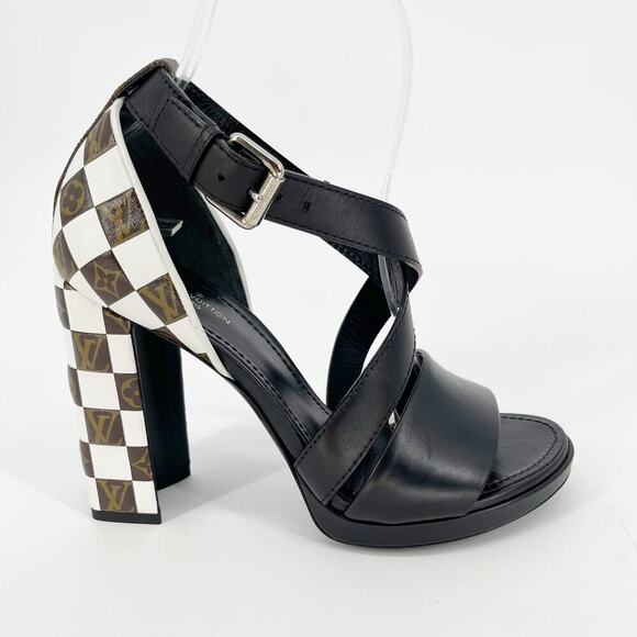 Louis Vuitton Black Monogram Damier Tressage Matchmake Check Heel Sandals EU 37 - Picture 4 of 16